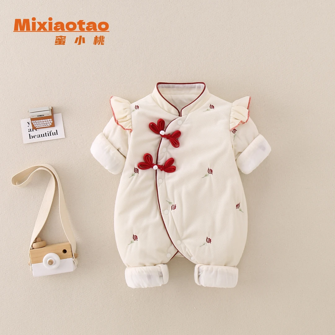 满印玫瑰薄棉夹棉碎花女童公主婴儿幼儿宝宝连体衣哈衣闭档