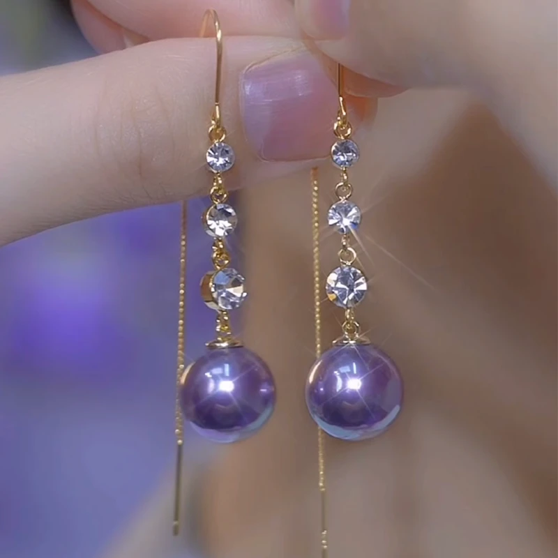 合金仿珍珠耳饰 高级感小众紫色珍珠耳线长款流苏耳环轻奢耳饰女