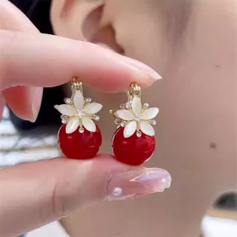 合金耳饰 高级感耳扣时尚红色珠子花朵耳坠气质轻奢百搭耳环女