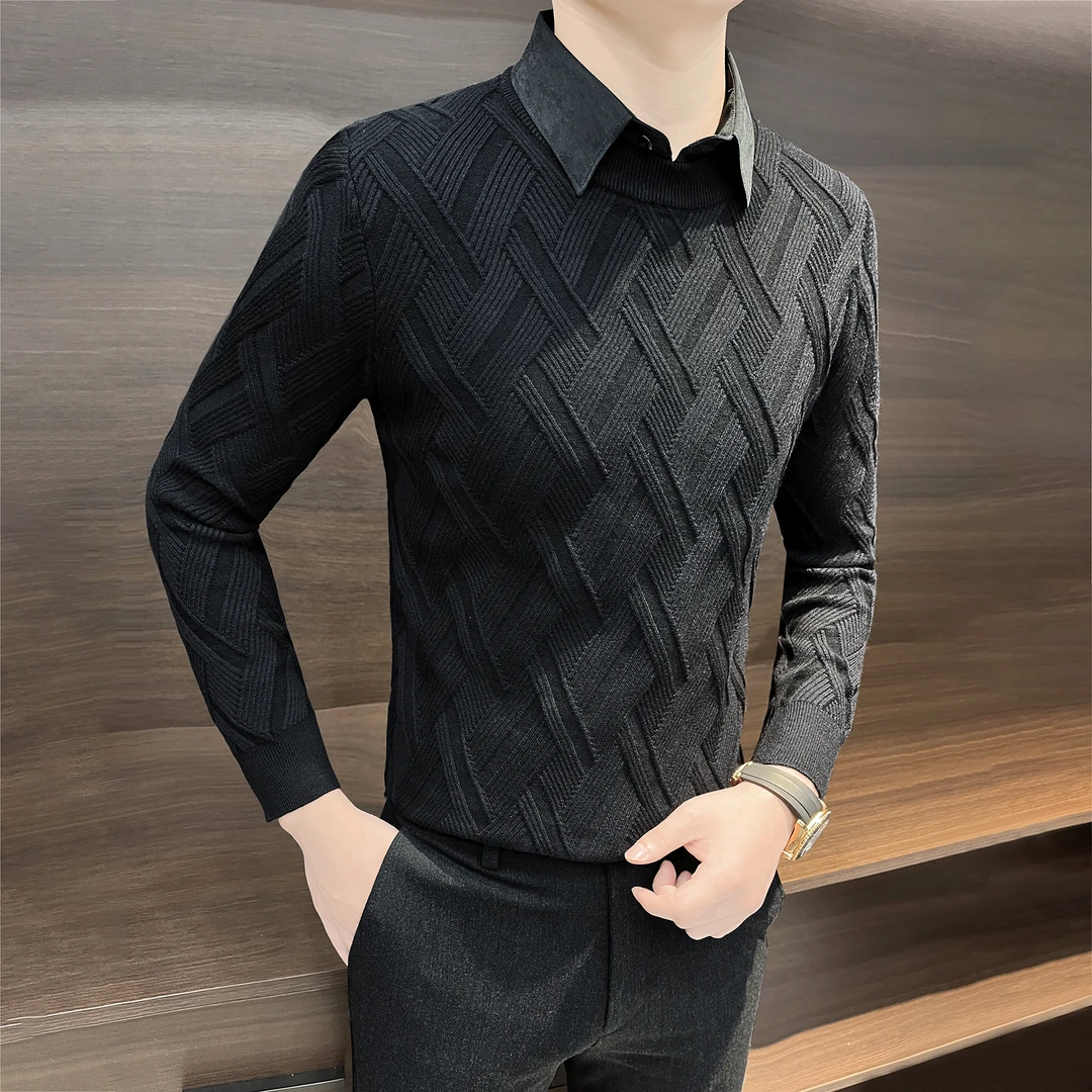 假两件毛衣男款冬季爆款2025新款高级感衬衫领提花针织男士打底衫