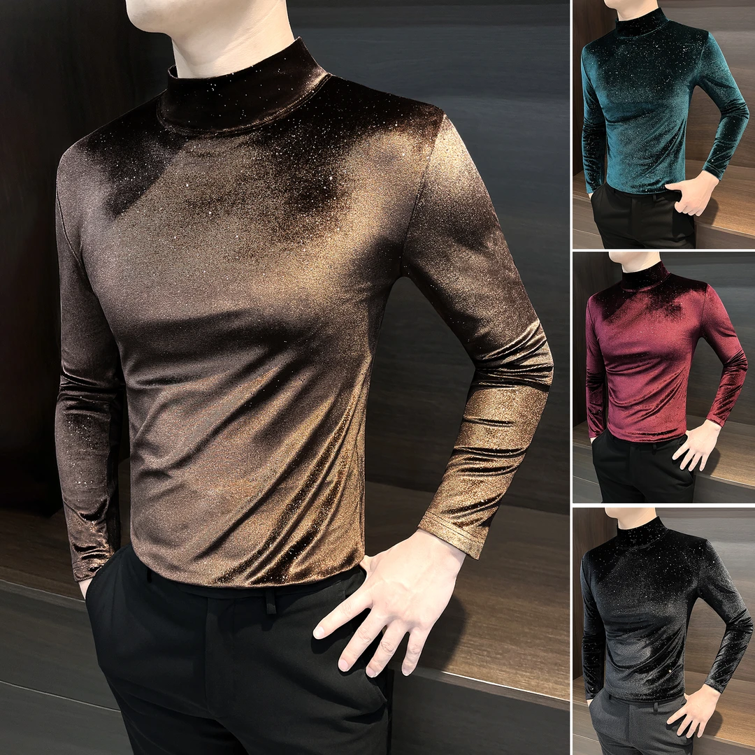 金丝绒长袖t恤男款爆款2025新款痞帅男装加绒保暖半高领打底衫男