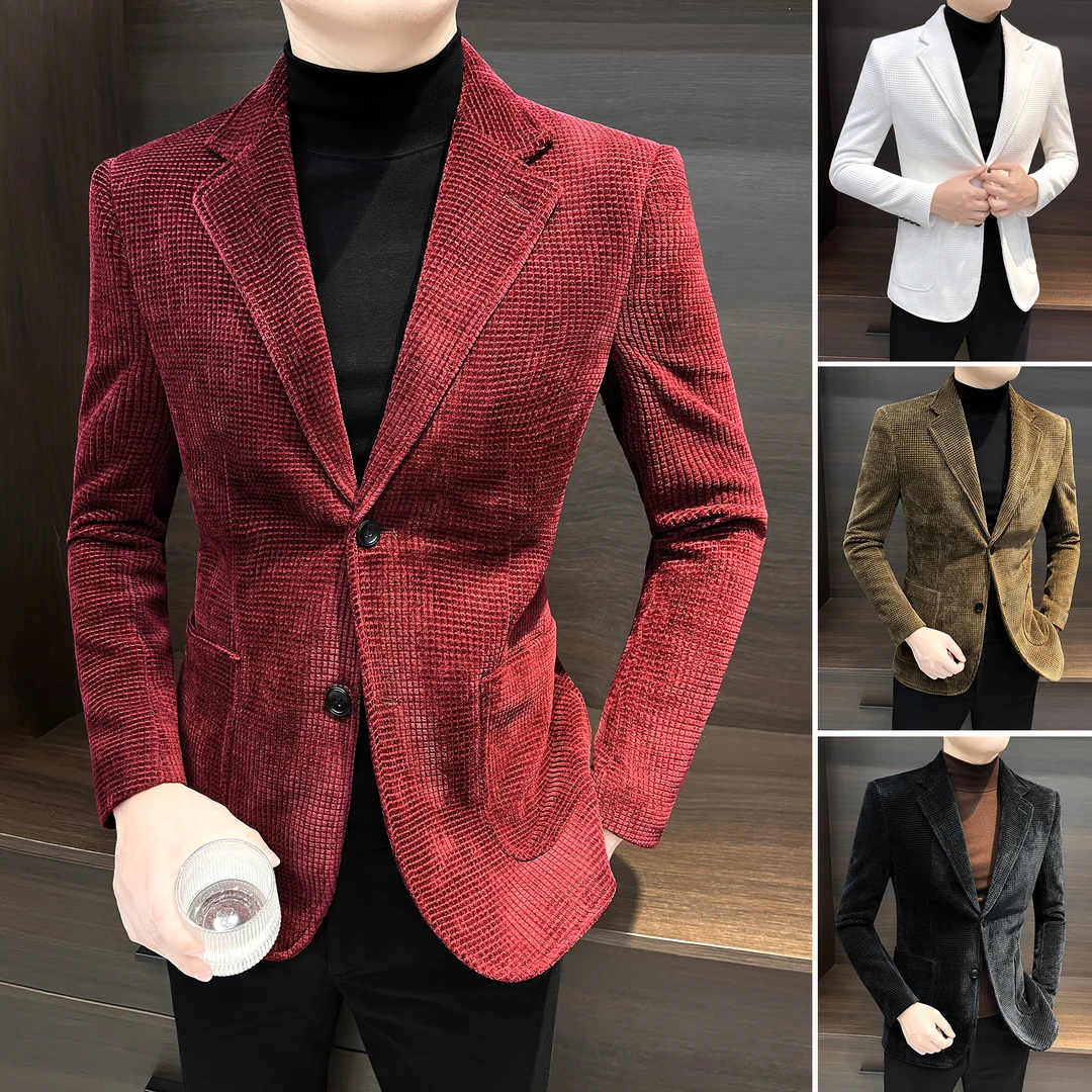 雪尼尔休闲西装外套男款春秋季2025炸街潮牌华夫格修身男士小西服