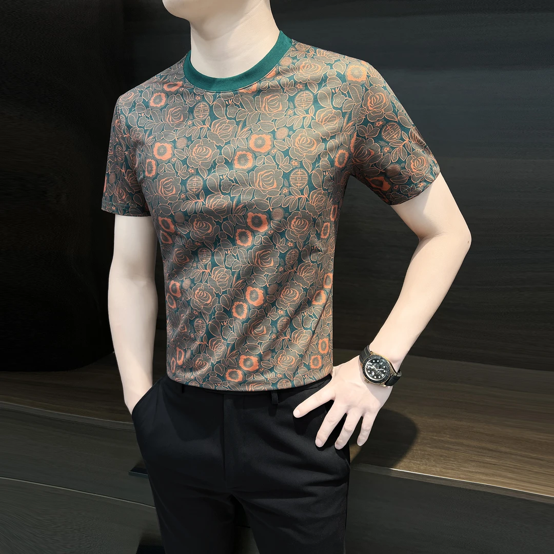 圆领印花男士短袖t恤2024痞帅男装潮牌夏季冰丝薄款半袖男款衣服