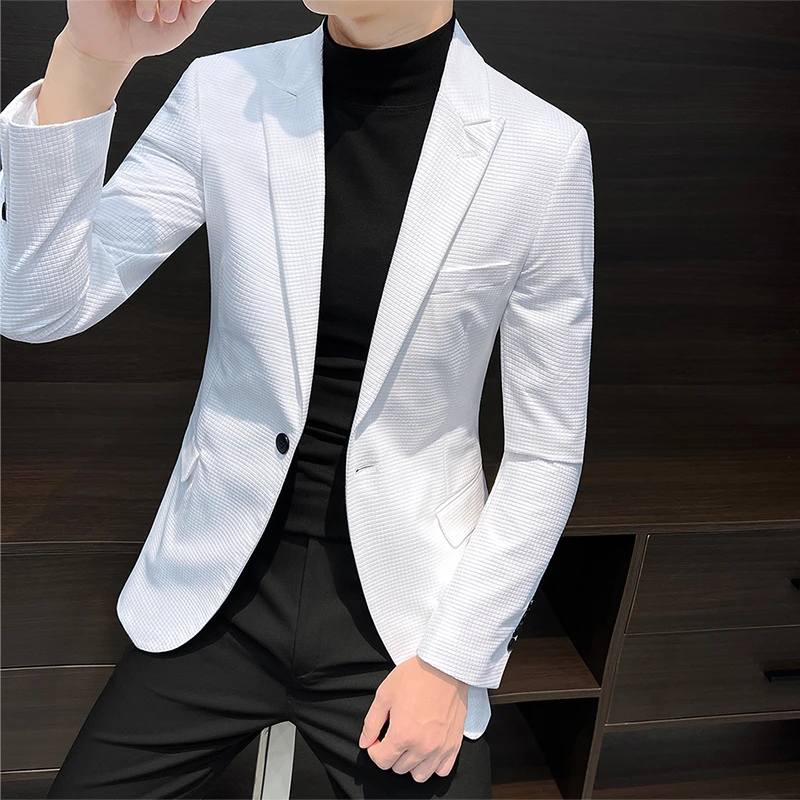 华夫格西服男款爆款2025新款单西商务休闲潮流戗驳领格子西装外套