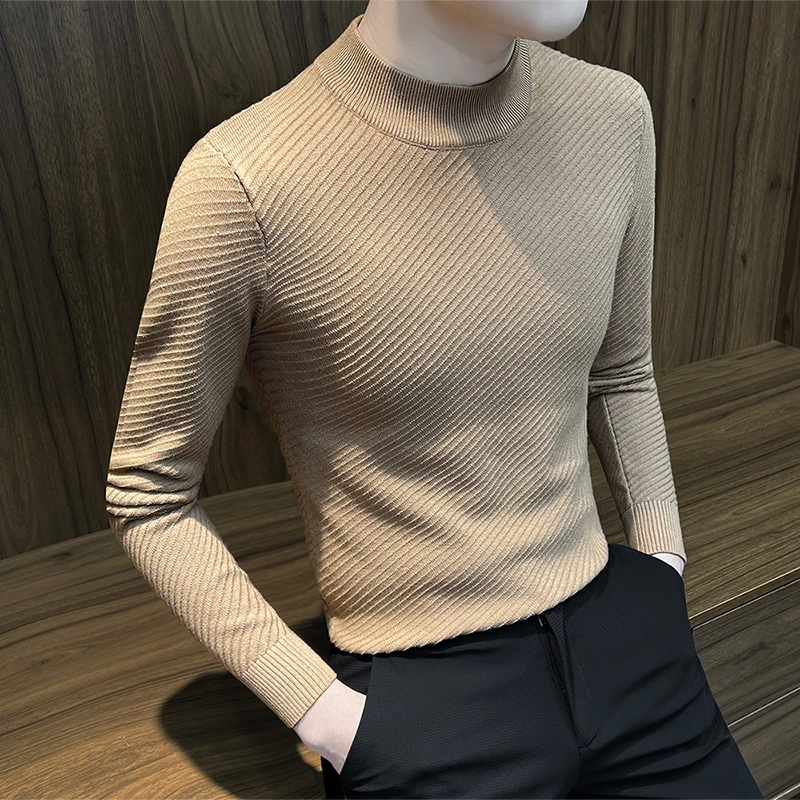 螺纹领打底衫男款爆款2025新款针织衫休闲半高领长袖内搭条纹毛衣