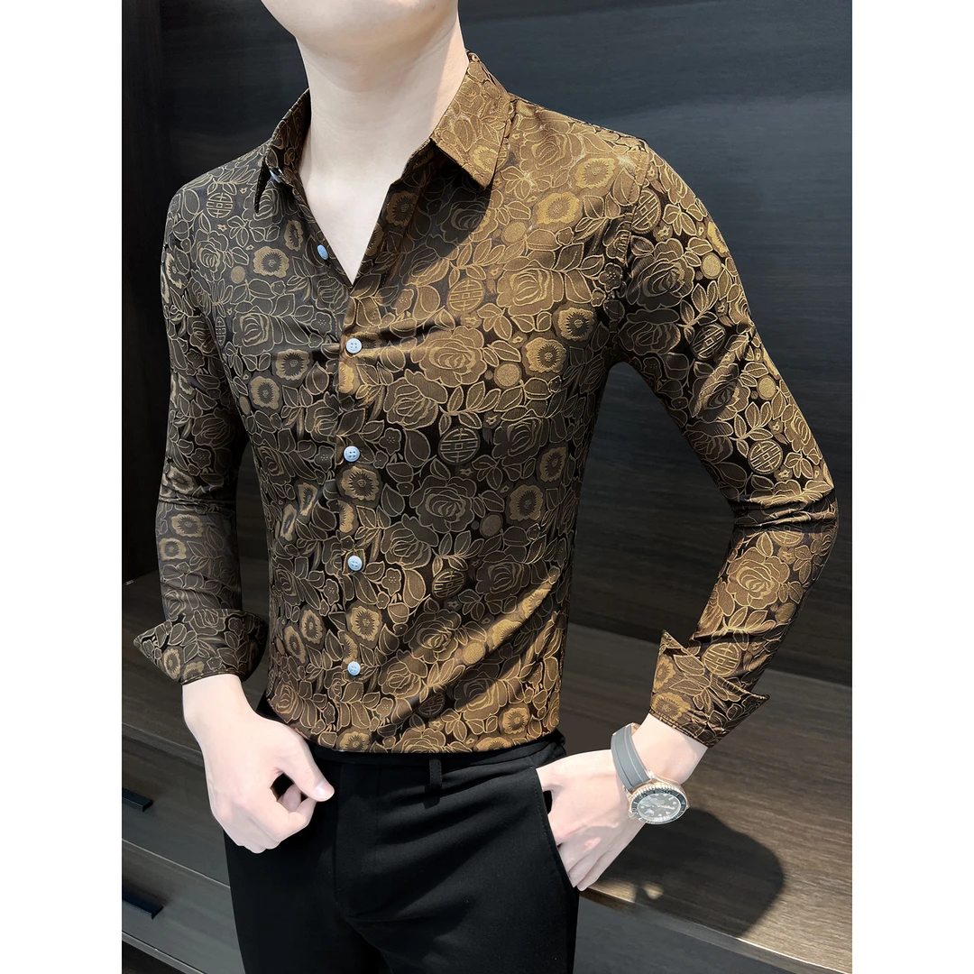 国风碎花衬衫男款休闲高级感修身痞帅春秋款2025潮款男士衬衣长袖