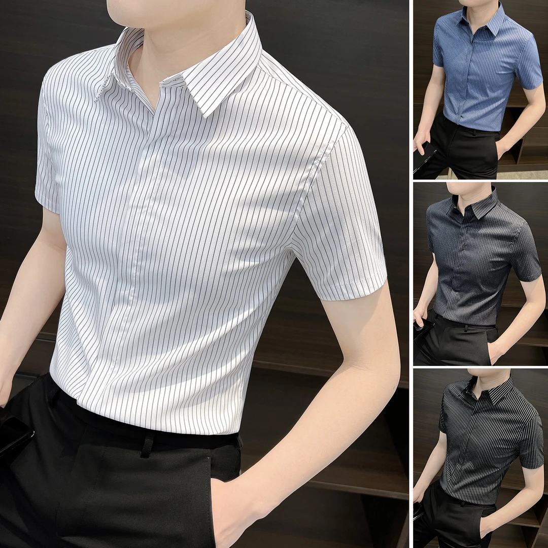 条纹男士衬衫短袖高档轻奢商务休闲男装秋季薄款修身男款冰丝衬衣