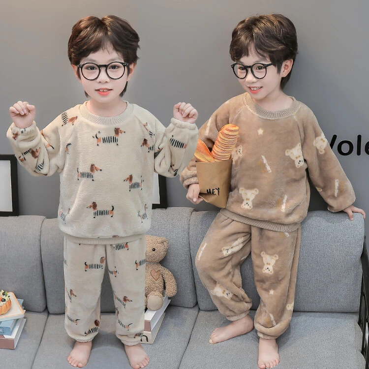 儿童法兰绒睡衣秋冬季加厚保暖小童婴儿宝宝秋款男童珊瑚绒家居服