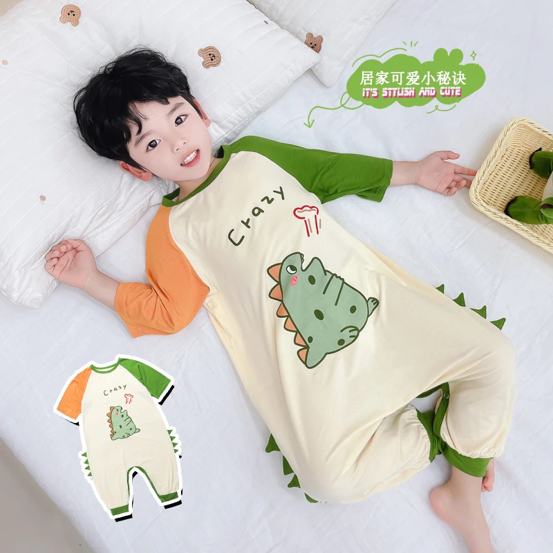 儿童连体睡衣可爱卡通男童薄款夏季莫代尔空调服男宝宝七分袖爬服
