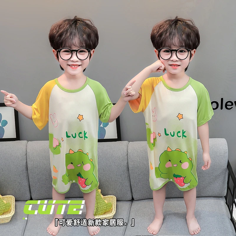 儿童莫代尔睡衣夏季薄款女童睡裙女宝宝儿童夏款防着凉连体家居服