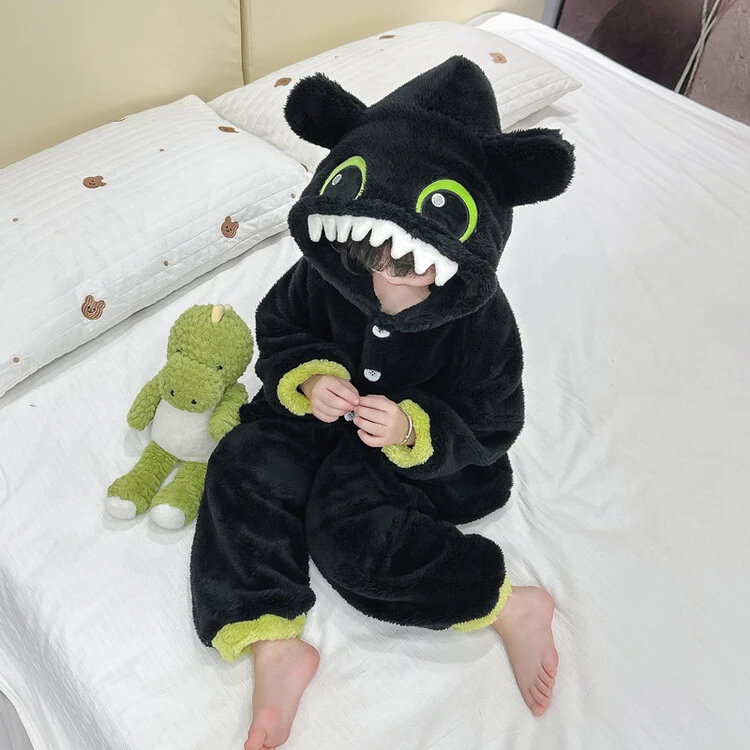 儿童珊瑚绒睡衣女孩秋冬款女童连帽恐龙套装冬季宝宝法兰绒家居服