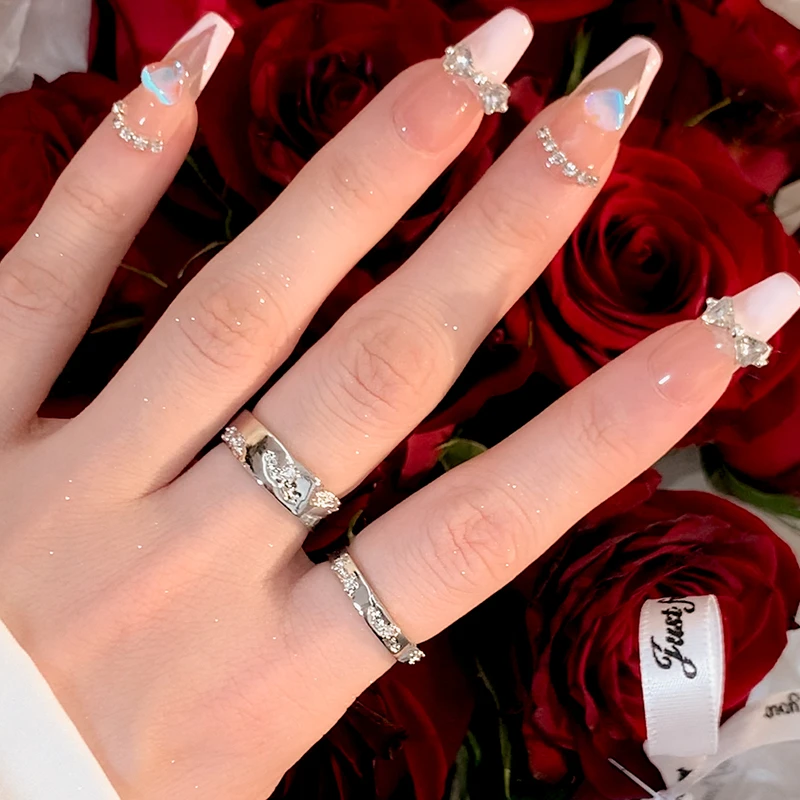 铜合金戒指 银色素圈碎花女款戒指小众设计冷淡风首饰品情侣对戒