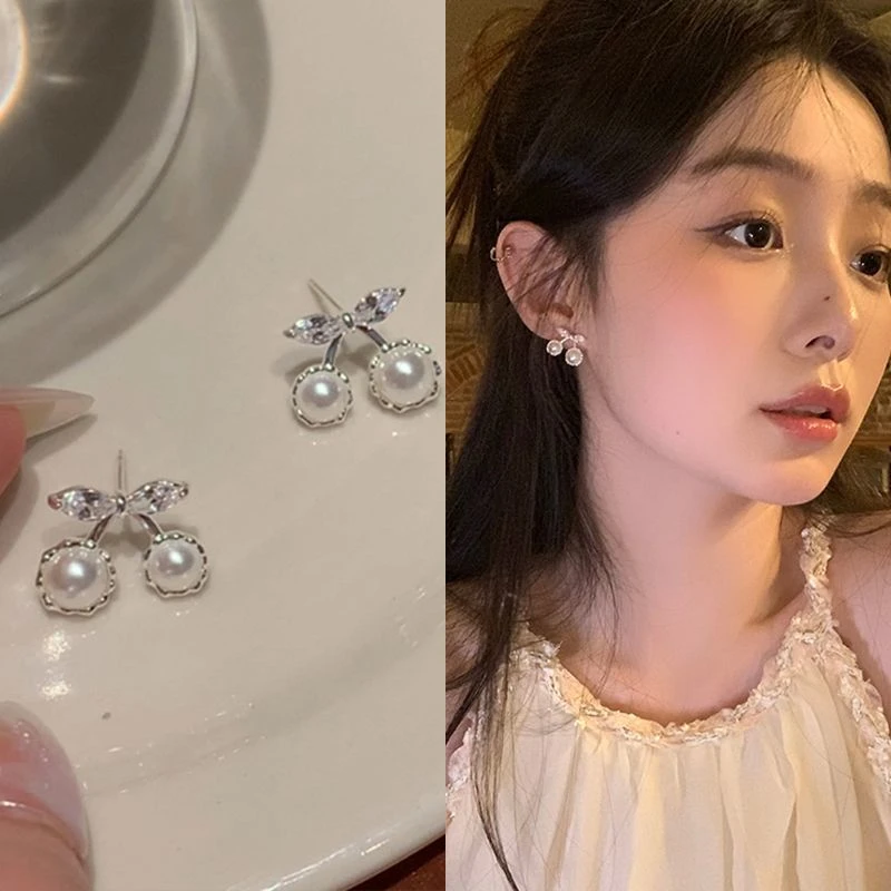 ins小众奶油樱桃珠珠耳钉爆款设计感高级超仙耳环轻奢小众耳饰女