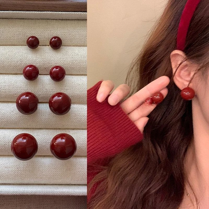 韩版酒红色豆豆珠珠耳钉女秋冬氛围感复古港风ins耳棒睡觉耳饰