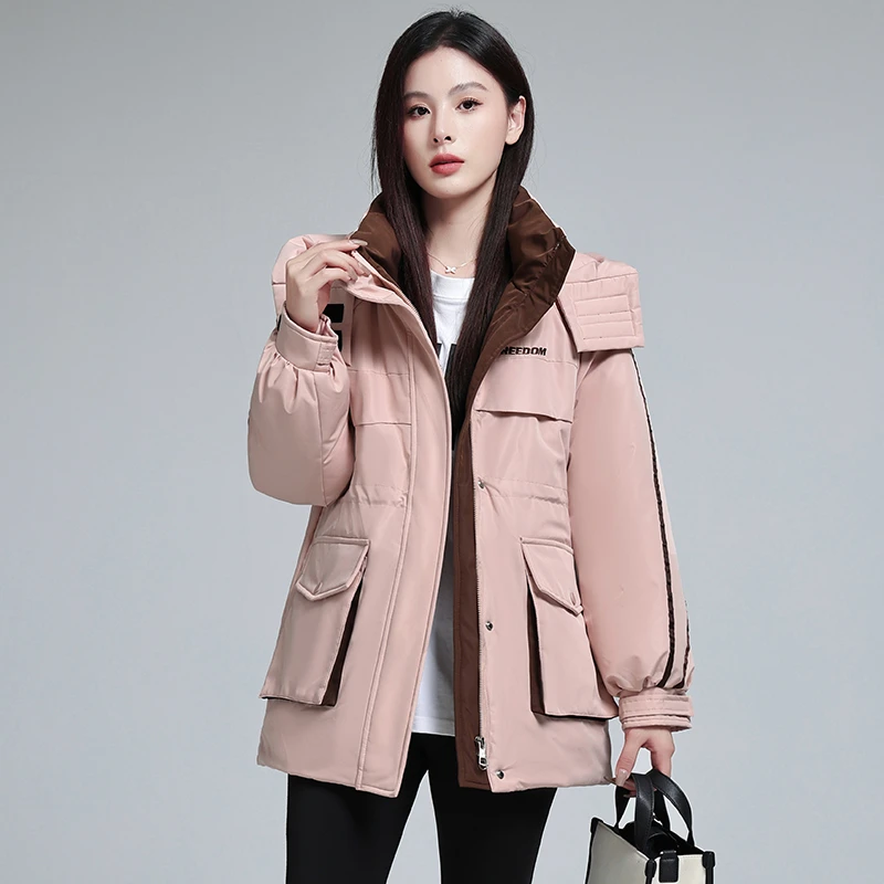 时尚新款棉服中长款拼色工装派克服加厚收腰保暖显瘦宽松棉衣外套