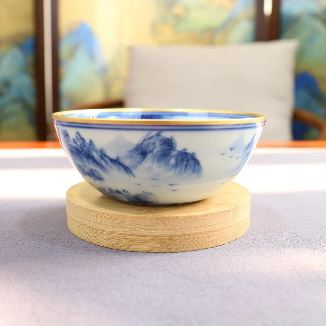 内外满工山水描金普洱杯柴窑全手工青花瓷茶杯品茗杯主人杯纯金