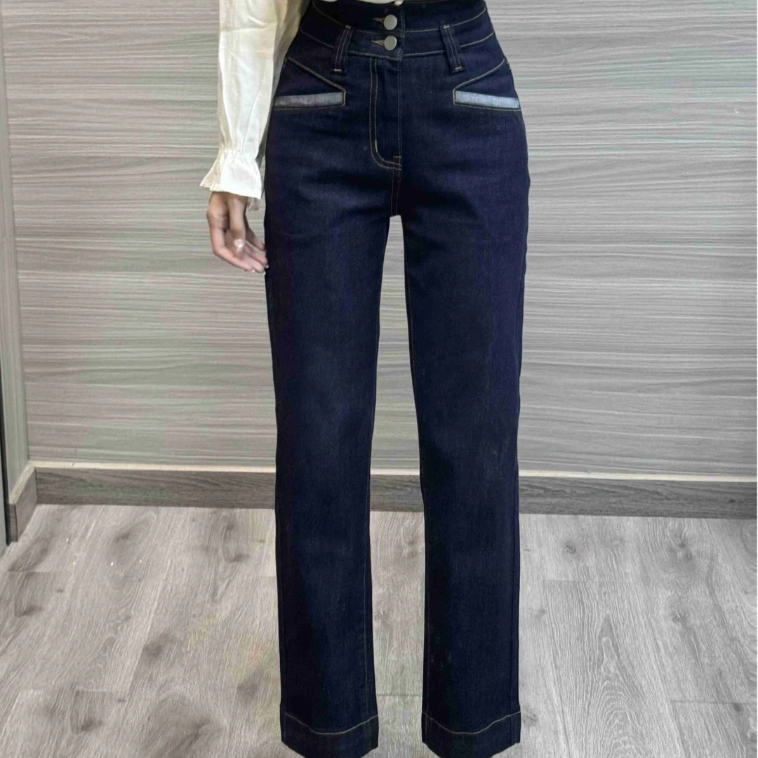 直筒烟管丹宁蓝春秋新款牛仔裤女高腰显瘦百搭修身小个子九分长裤