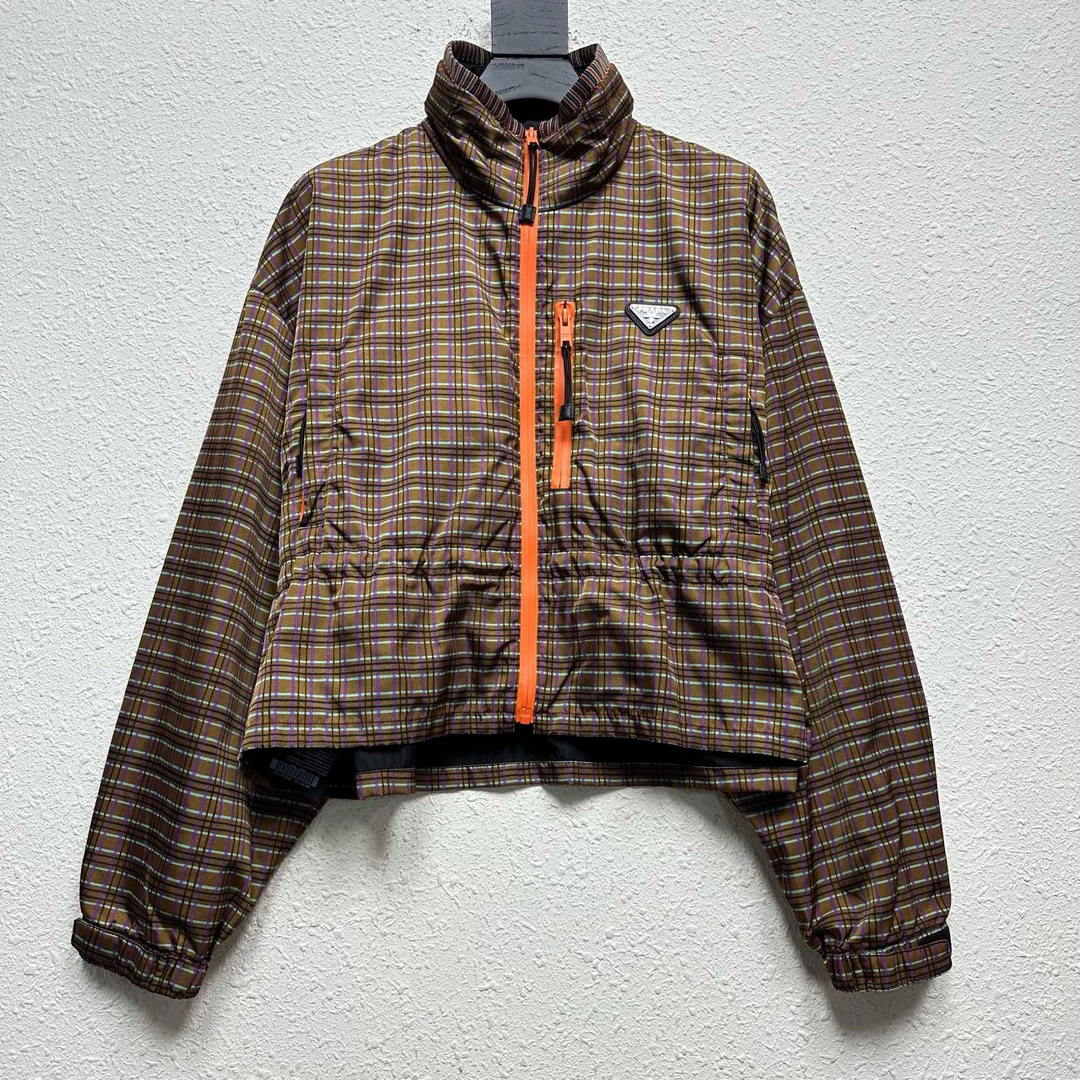 PRADA 格纹三角标短款拉链外套 尺码/38 成色/99 YH14066