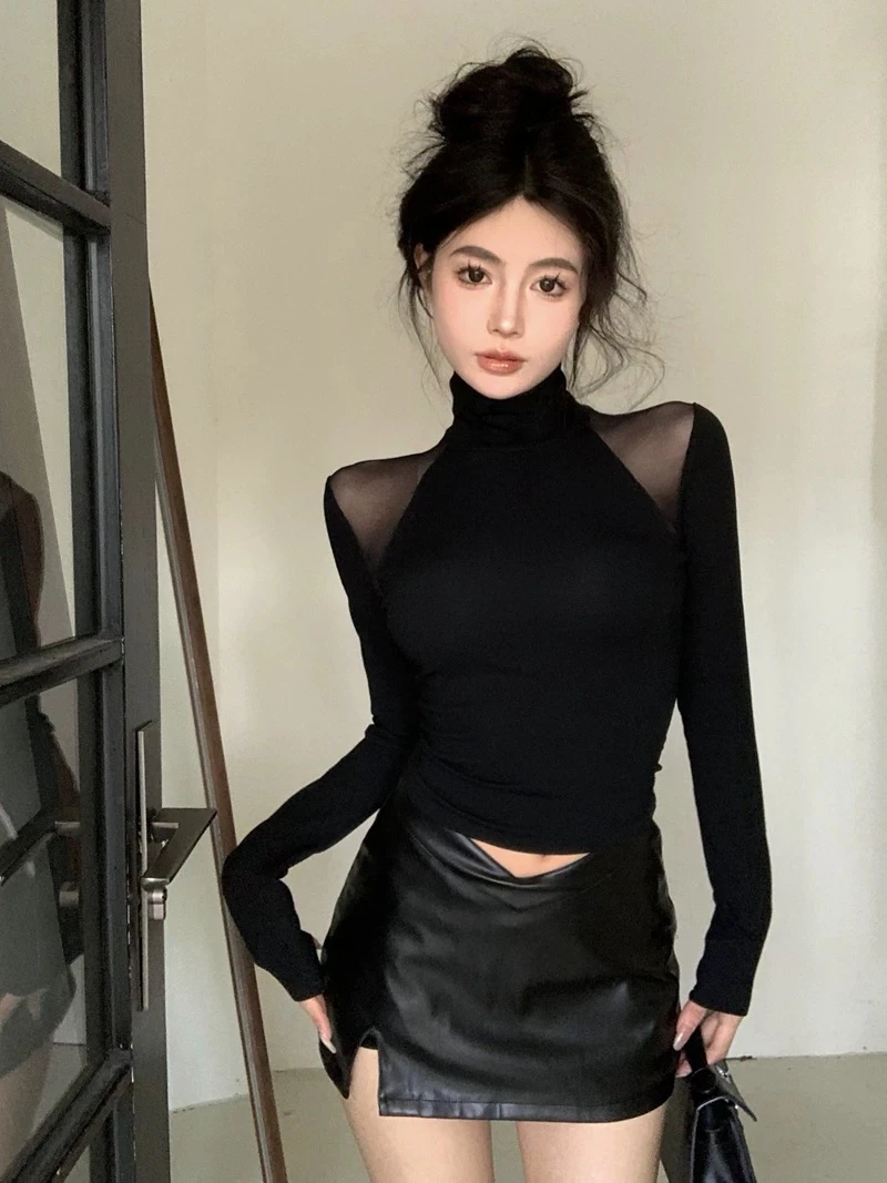 新疆包邮“舍享柔软”9975#半高领网纱拼接打底（衣长49）