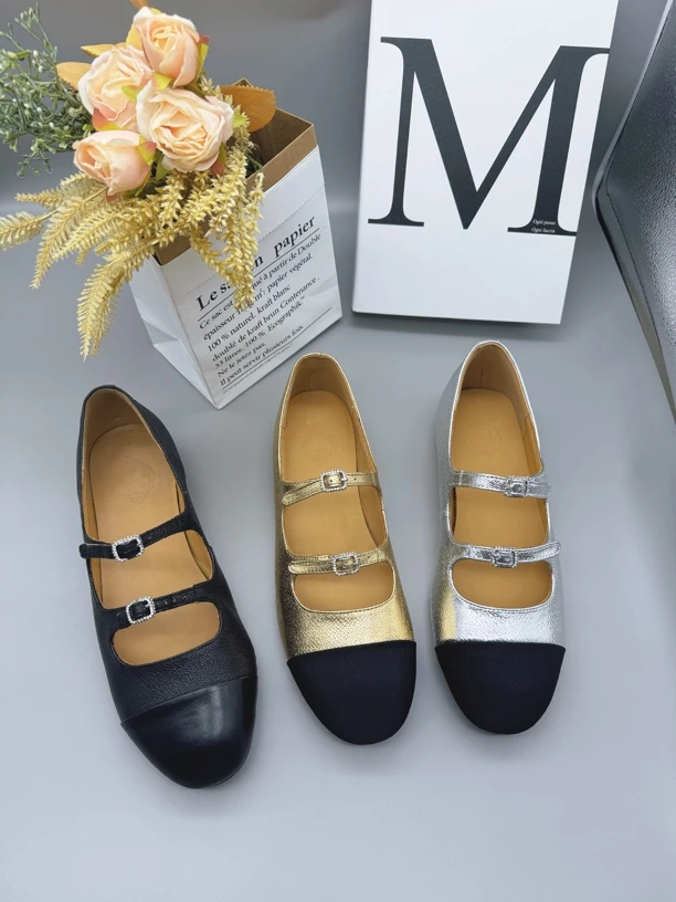 浅口单鞋春夏简约方跟浅口拼色真皮复古马丽珍百搭低跟软底时尚