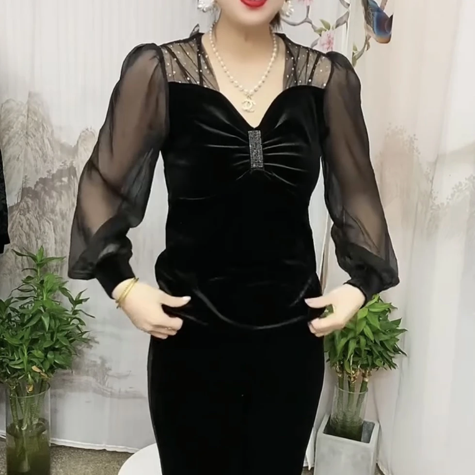 【181】法式V领丝绒拼接小纱袖洋气百搭女人味十足打底衫