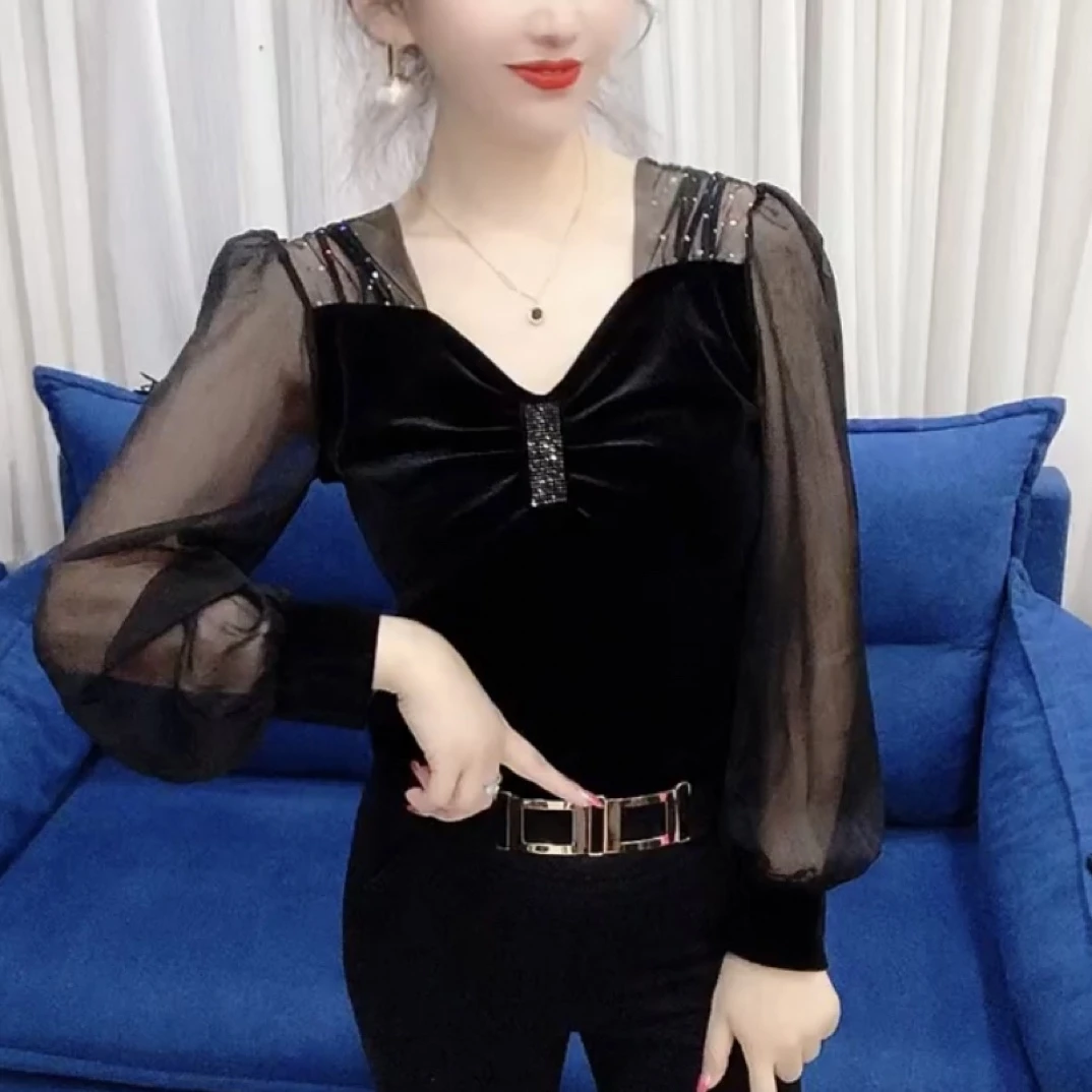 【181】时尚拼接重工烫钻法式V领洋气显瘦百搭打底衫女