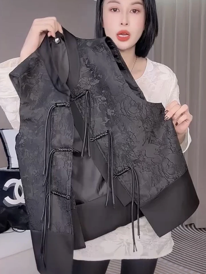 爆款女装国潮风时尚流苏盘扣遮肉百搭马甲，宽松休闲T恤