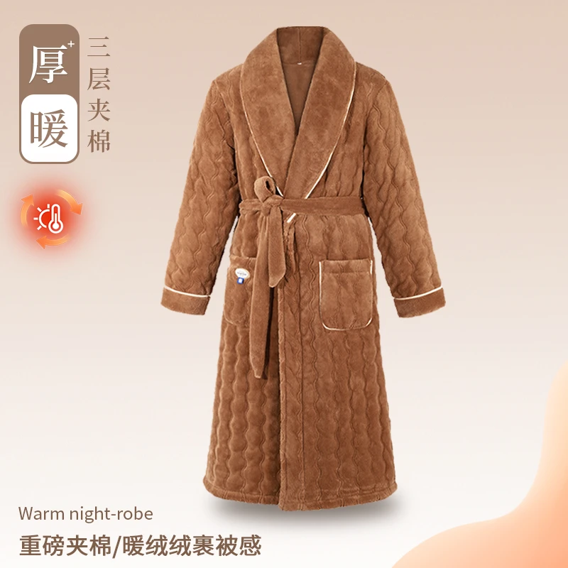 睡袍男冬季加绒加厚三层夹棉浴袍中长款保暖珊瑚绒男士家居服晨袍