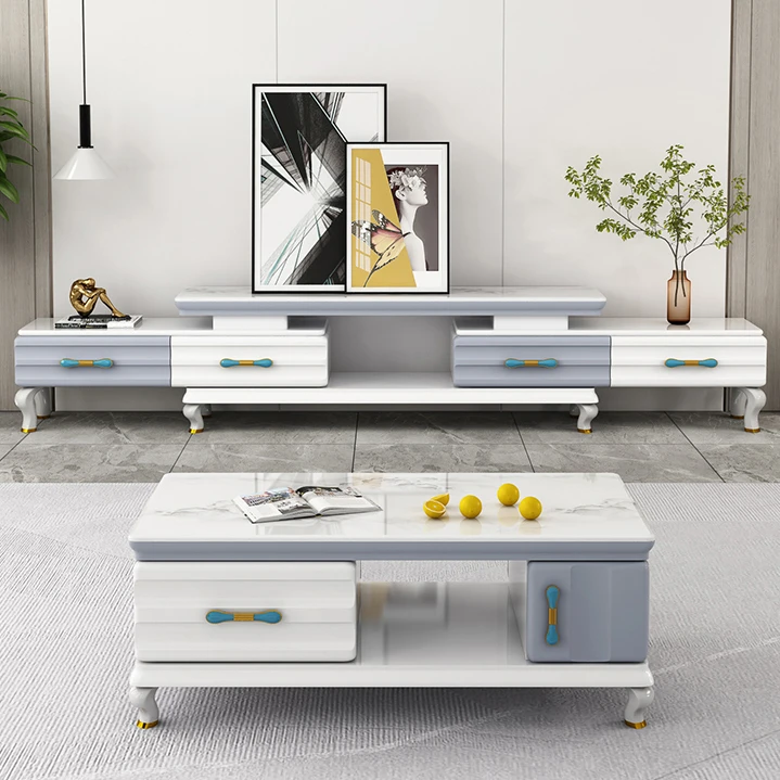 大理石电视柜茶几组合现代简约轻奢岩板客厅伸缩烤漆亮光电视机柜