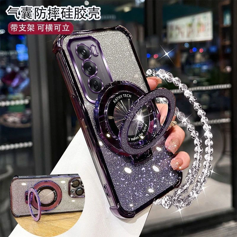 四角防摔OPPOReno12手机壳PJV110女款护镜流行闪粉支架手链软硅胶