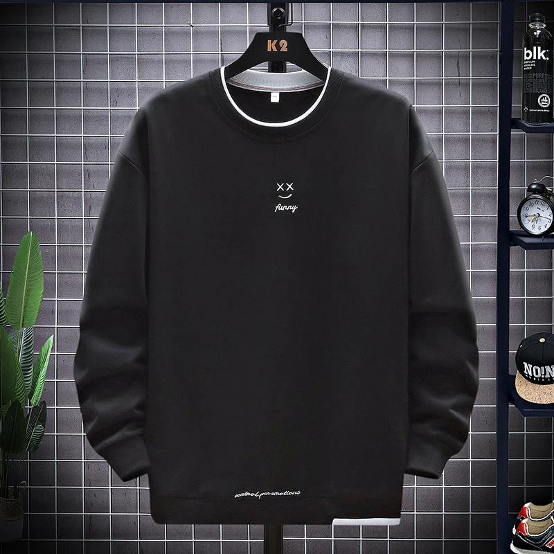 百搭M-8XL卫衣加肥加大码春秋季胖子男圆领上衣假两件宽松长袖T恤