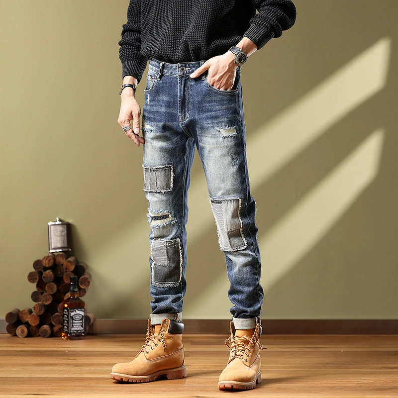 美式高街牛仔裤男修身小脚百搭牛仔裤时尚舒适潮流个性牛仔裤男款