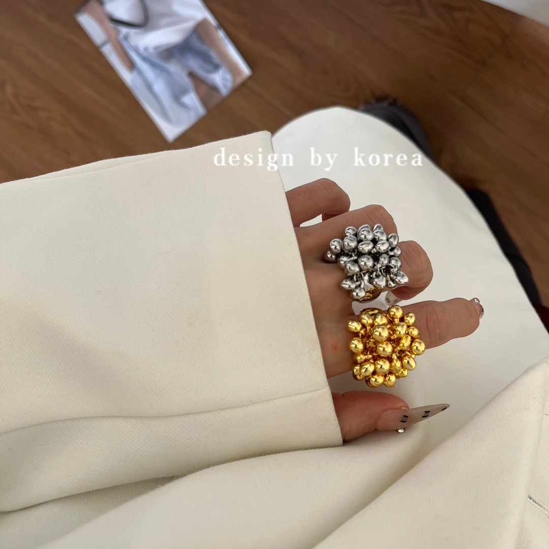 铜合金戒指 时尚戒指女可晃动葡萄串金属球小众设计感ins个性