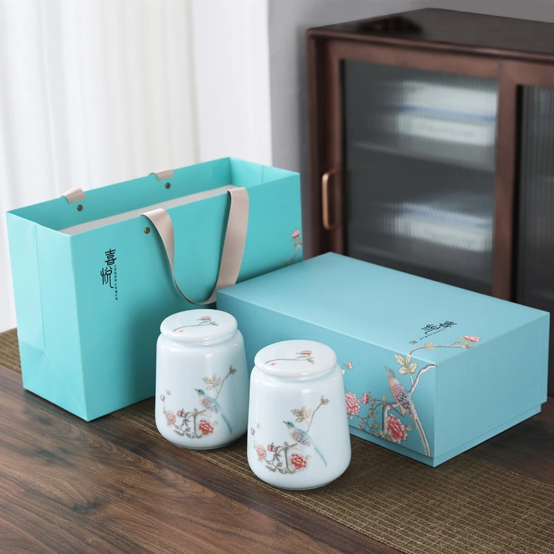 春茶龙井绿茶陶瓷茶叶罐礼盒装包装盒双罐半斤装空罐普洱红茶通用
