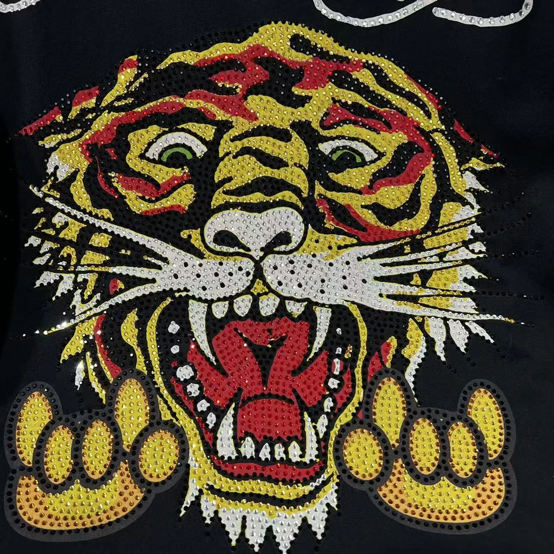 L-22 EH 潮牌情侣款虎头烫钻印花休闲圆领短袖T恤 YM190