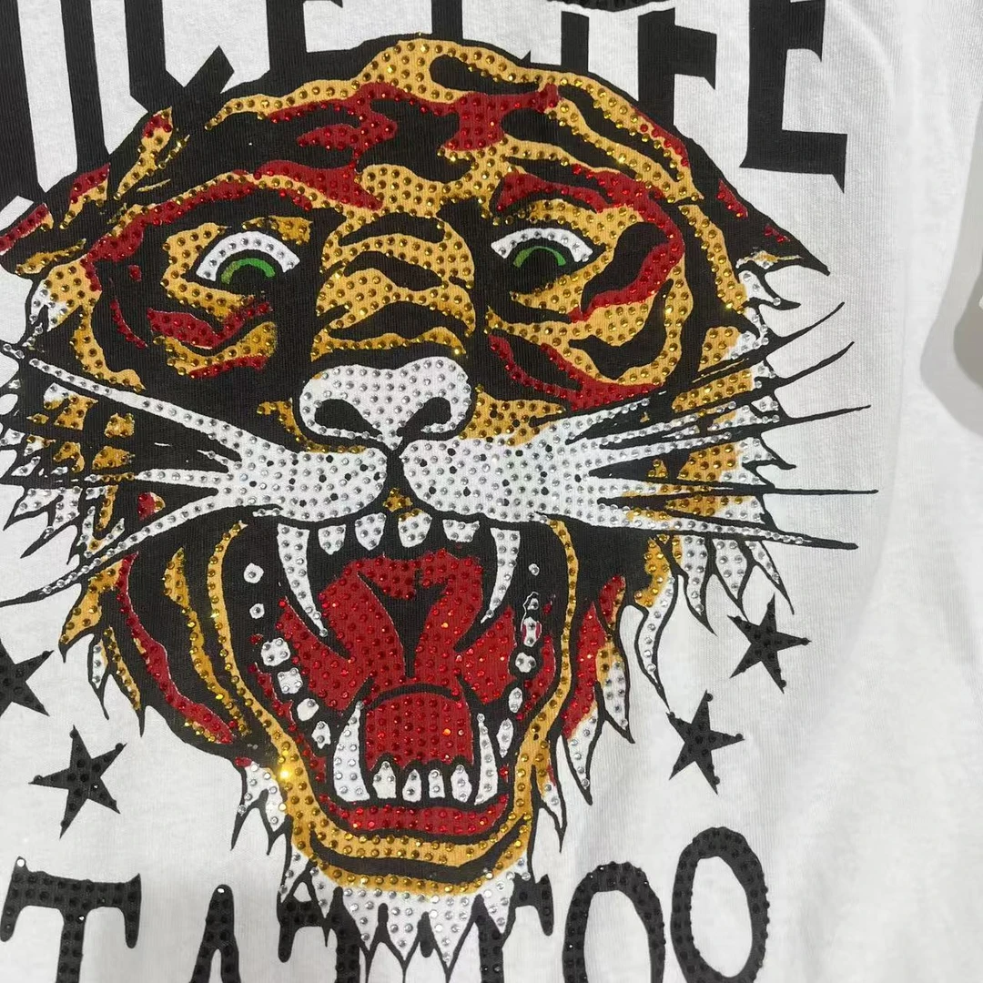 EH 潮牌男款虎头烫钻印花休闲圆领短袖T恤 TU406