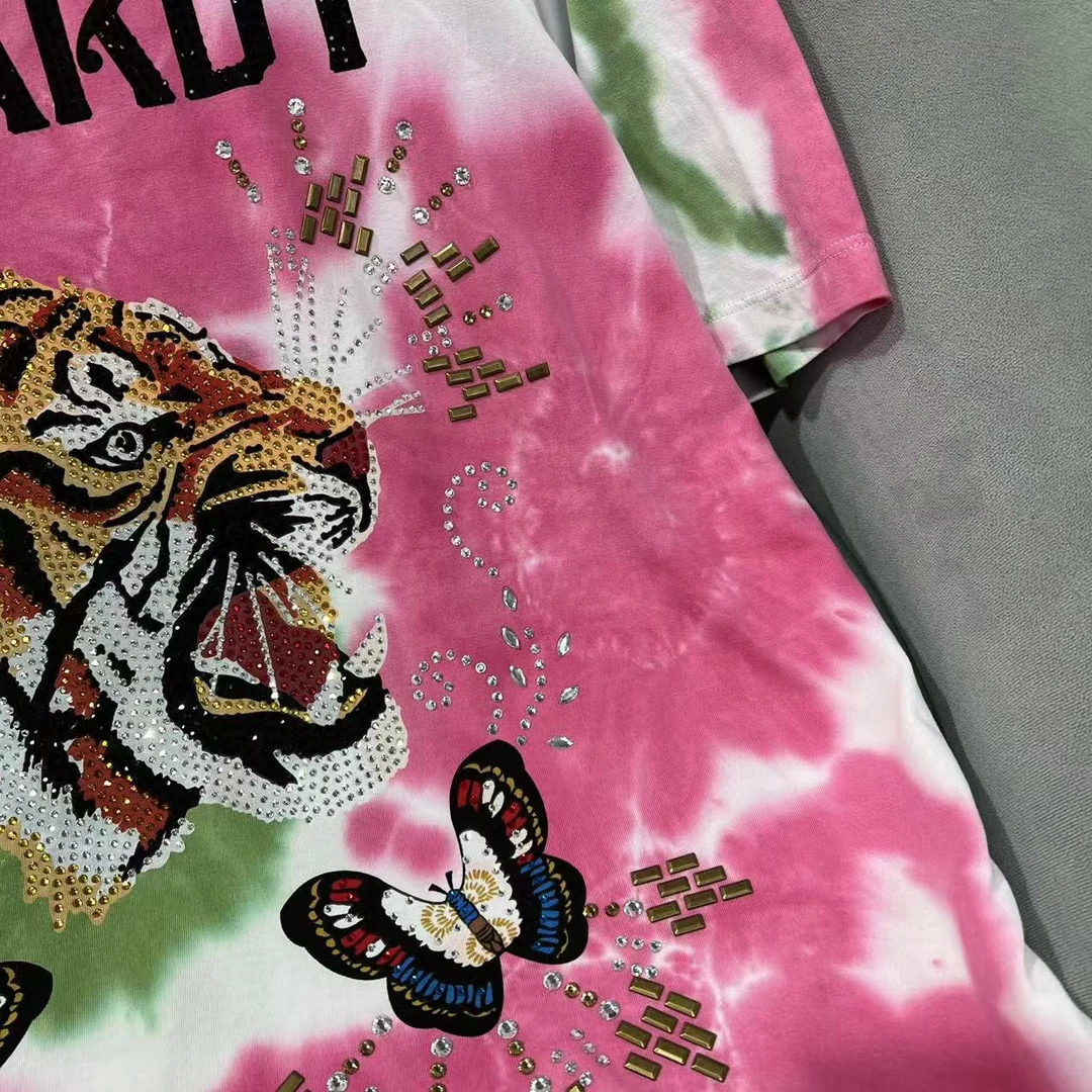 I-2  EH 潮牌情侣款虎头烫钻印花休闲圆领短袖T恤 02176