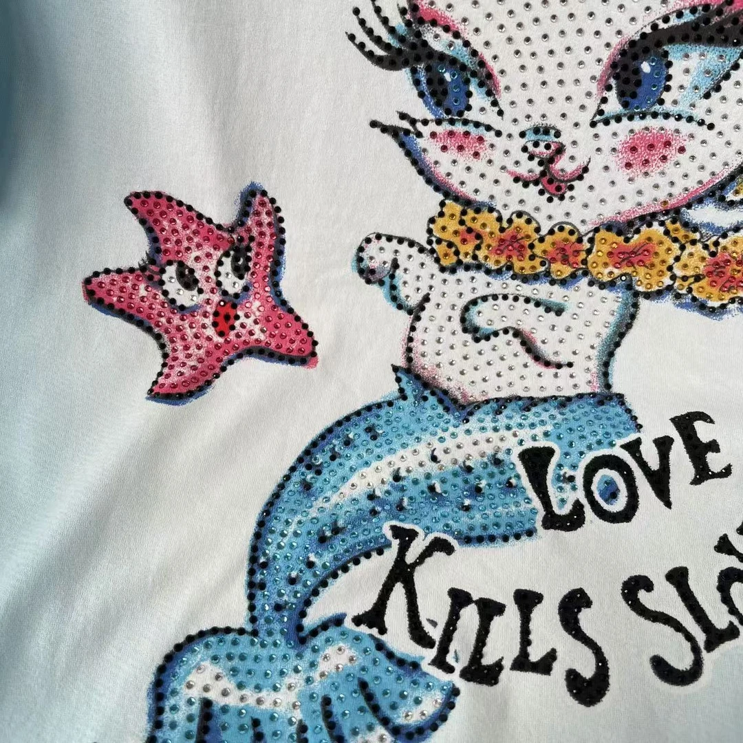 F-5   EH潮牌女款猫咪烫钻印花休闲圆领短袖T恤 BW206