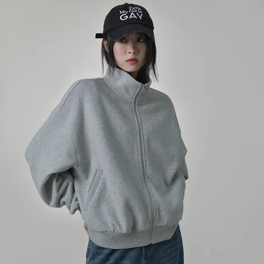 2024春秋冬季 复古双色立领开衫卫衣女宽松运动短款薄绒外套