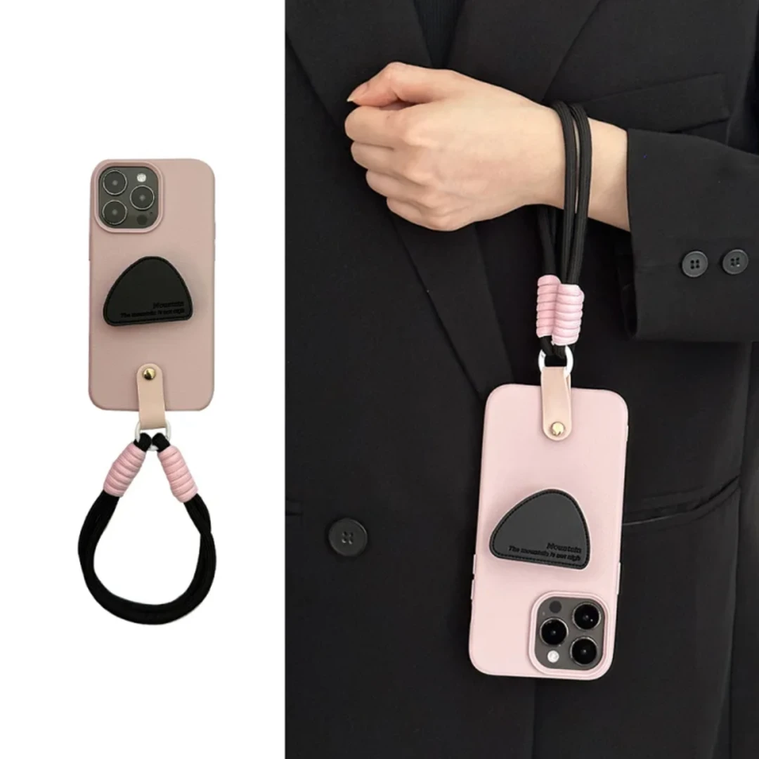 ins黑粉撞色皮质支架适用iPhone16promax手机壳苹果13/14挂绳11软