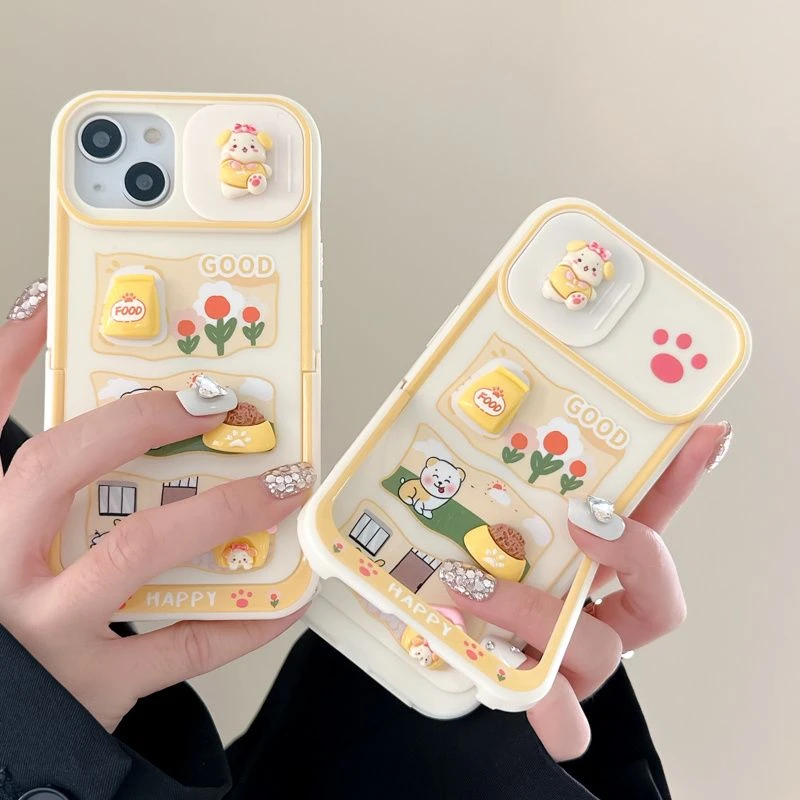 推拉窗立体小狗iPhone13手机壳苹果14promax支架12Pro防摔11卡通