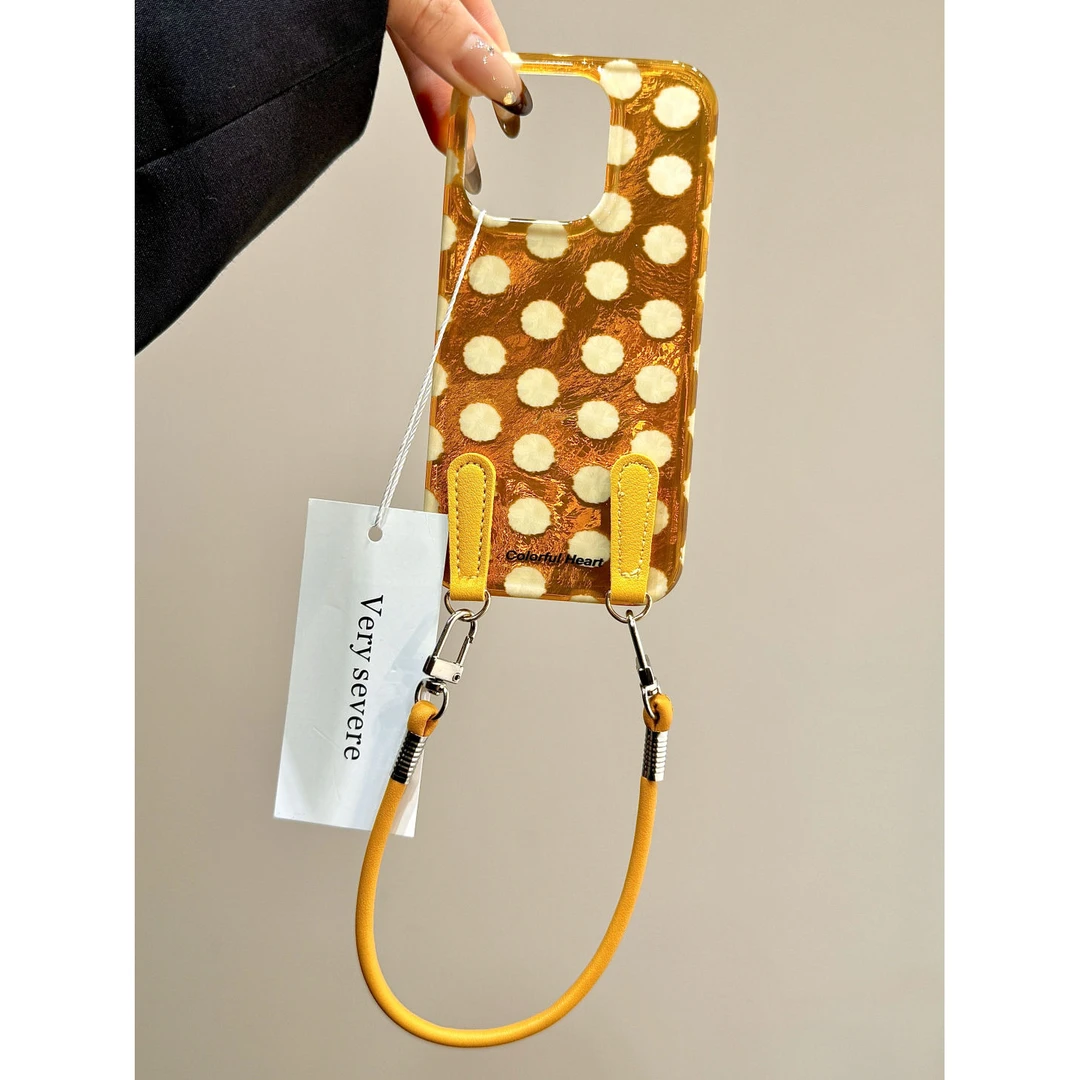 小众简约锡纸纹波点手拎绳适用苹果16promax手机壳15/14/13新款