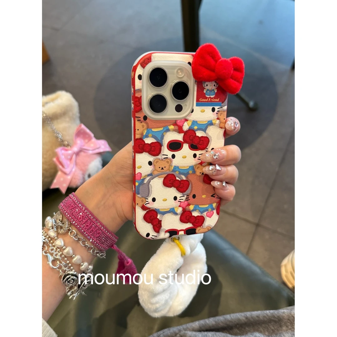 皮纹满屏猫咪适用于苹果16promax手机壳15保护套14Pro/13少女手绳