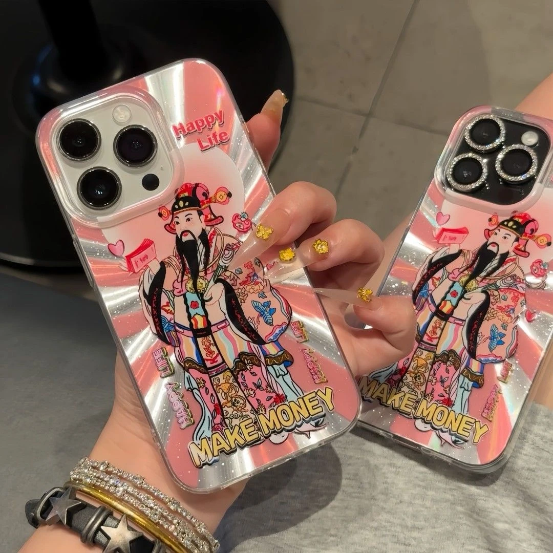 ins小众日韩创意镭射极光财神爷适用苹果16手机壳15/14/13/12/11