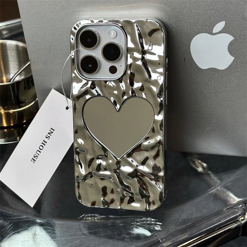 ins小众皱褶爱心镜子iPhone14promax苹果13手机壳11/12新款x/xr潮