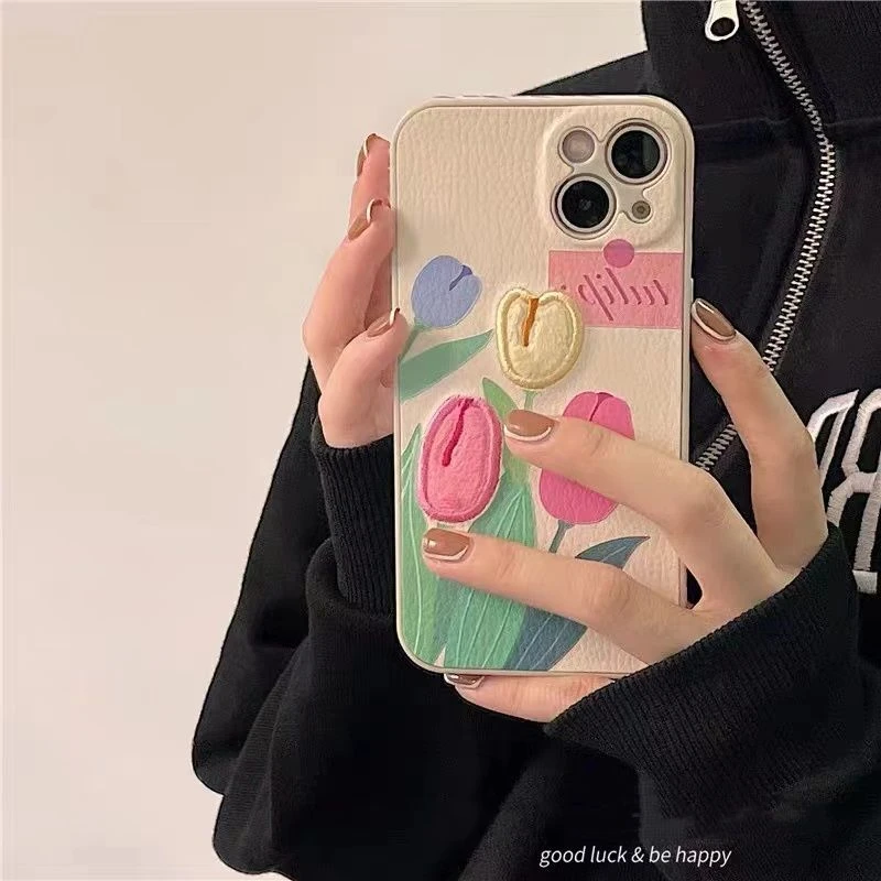 刺绣郁金香适用iPhone13/12 pro Max手机壳苹果11/Xs/8plusXR花朵