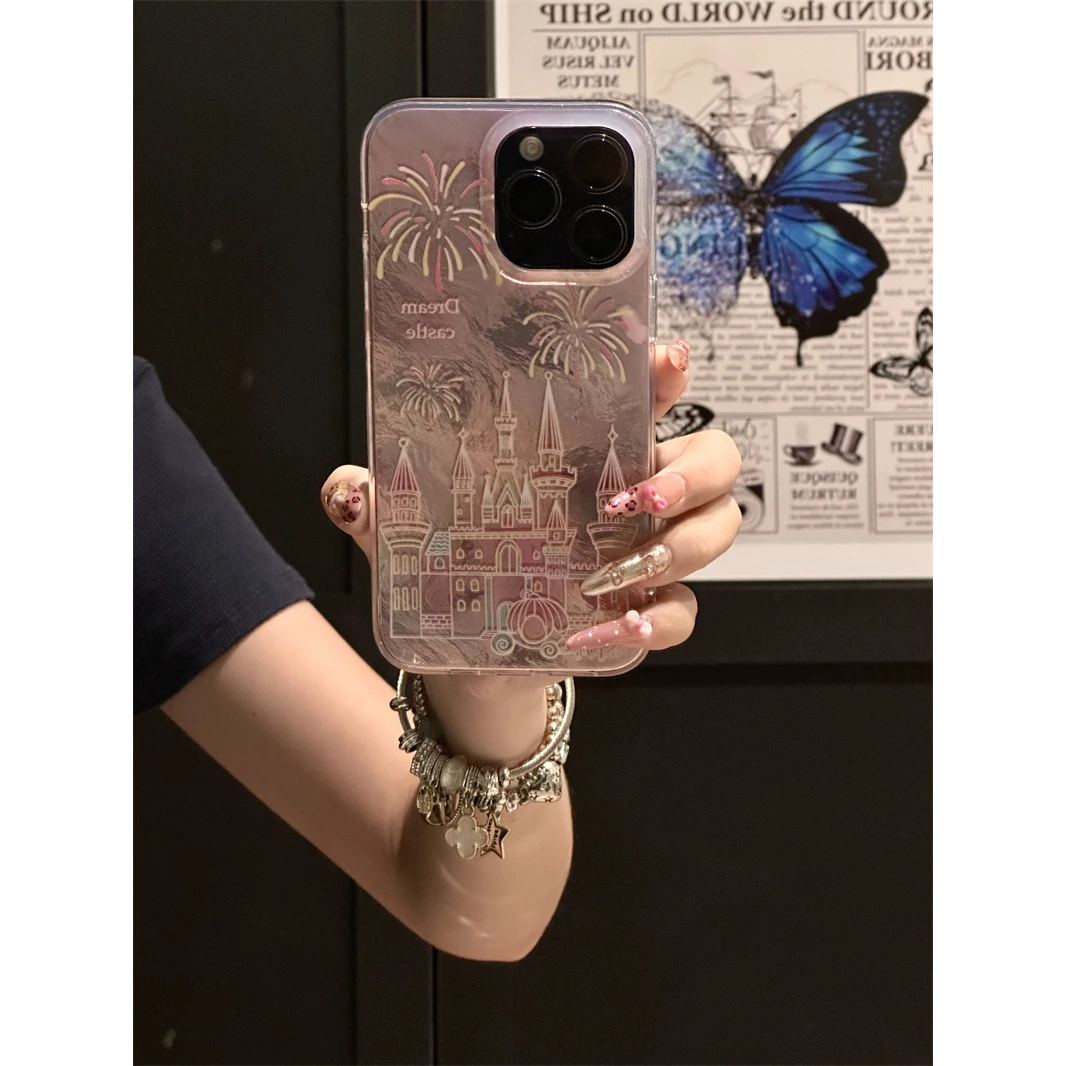 ins小众粉线条烟花城堡双面壳适用苹果16promax/15/14/13全包新款