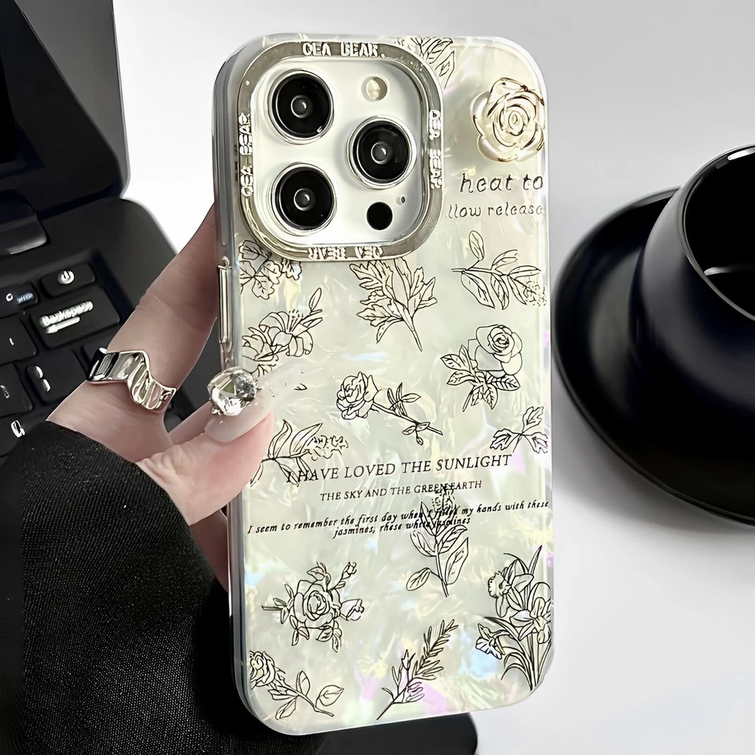 贝壳纹玫瑰山茶花适用iPhone15promax苹果14创意13链条12素描11