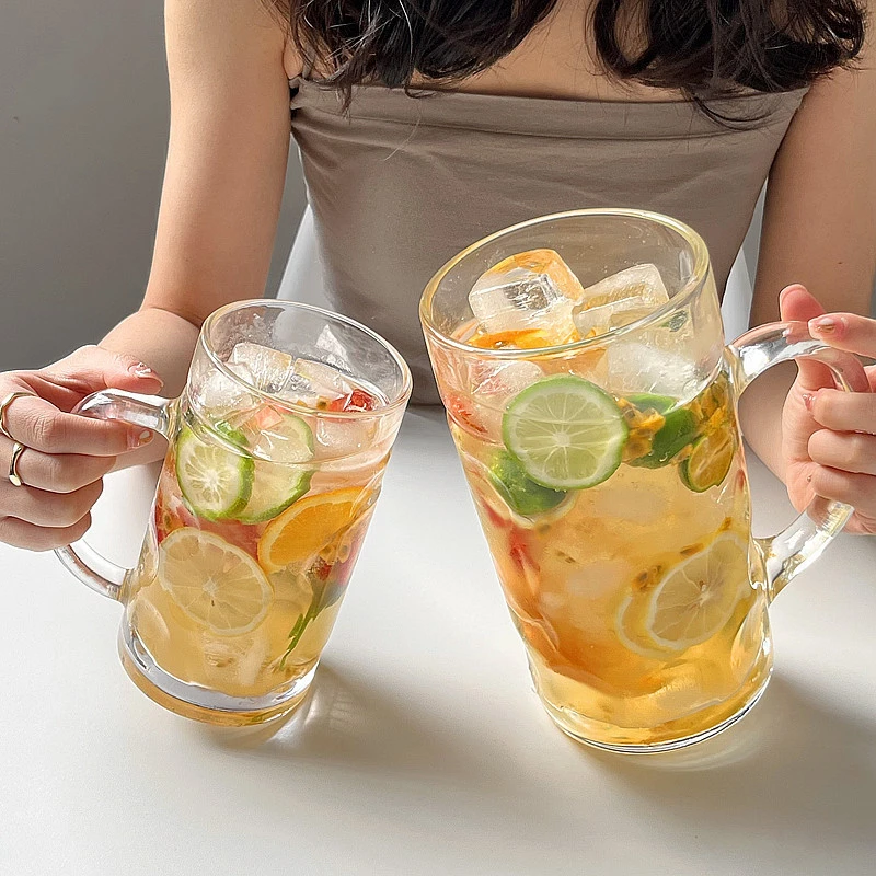 ins风超大容量水果茶杯带把玻璃杯奶茶杯果汁杯水杯啤酒杯喝水杯