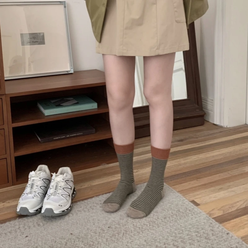 美拉德i韩版ins风复古撞色罗口拼色条纹袜学院风日系堆堆袜中筒袜